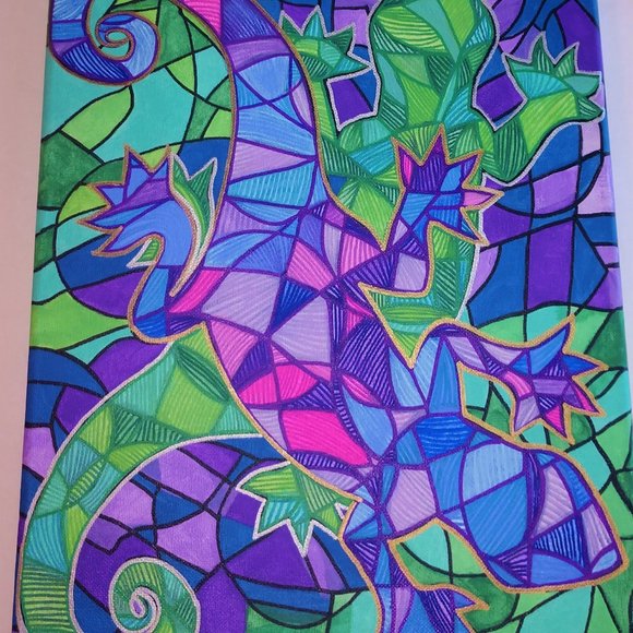 Abstract Style Painting Of Two Purple & Green Geckos Hand Painted 14x11 Canvas - Picture 11 of 16